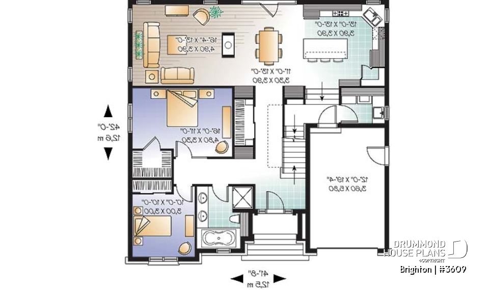 1st level - European style house plan, 3 bedroom with 2 living rooms, large kitchen and garage - Brighton