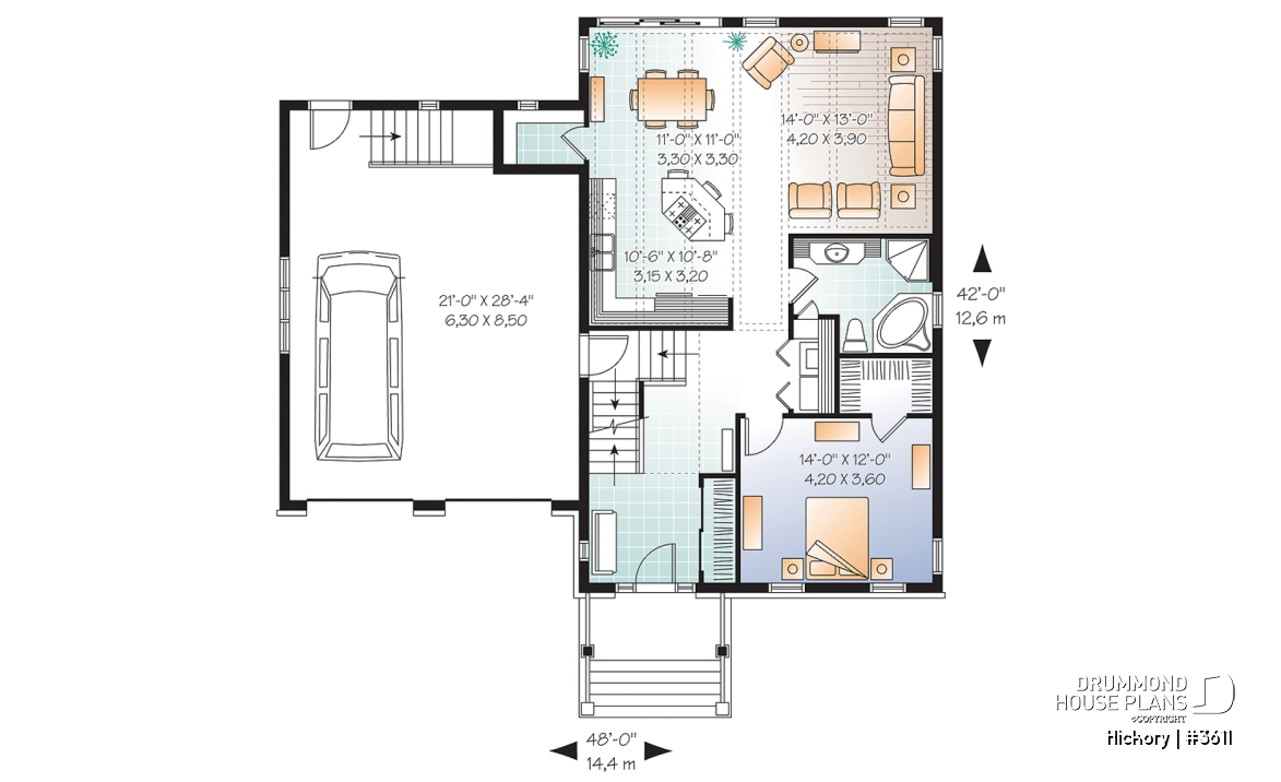 1st level - 3 bedroom Craftsman house plan, master on main floor, two-car garage, 9 ft. ceiling, pantry - Hickory