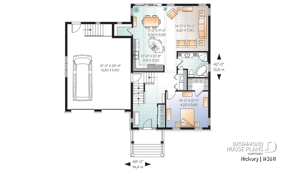 1st level - 3 bedroom Craftsman house plan, master on main floor, two-car garage, 9 ft. ceiling, pantry - Hickory