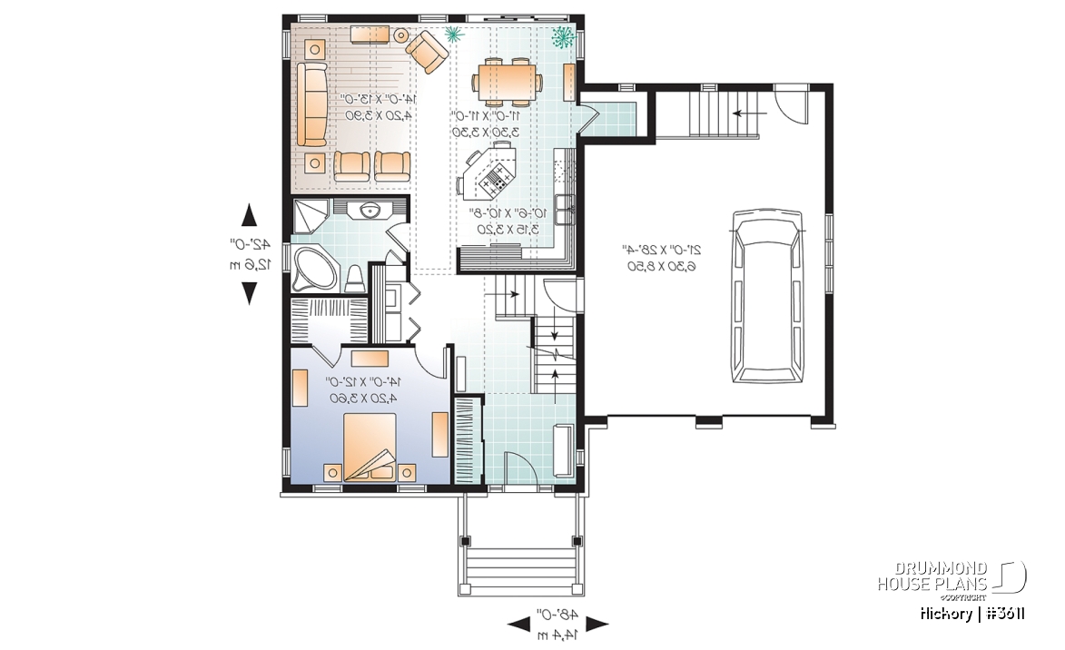 1st level - 3 bedroom Craftsman house plan, master on main floor, two-car garage, 9 ft. ceiling, pantry - Hickory