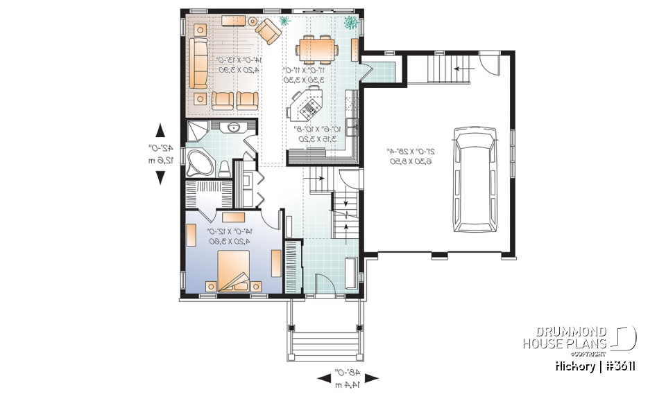 1st level - 3 bedroom Craftsman house plan, master on main floor, two-car garage, 9 ft. ceiling, pantry - Hickory