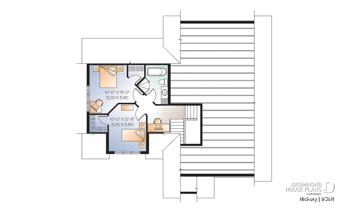 2nd level - 3 bedroom Craftsman house plan, master on main floor, two-car garage, 9 ft. ceiling, pantry - Hickory