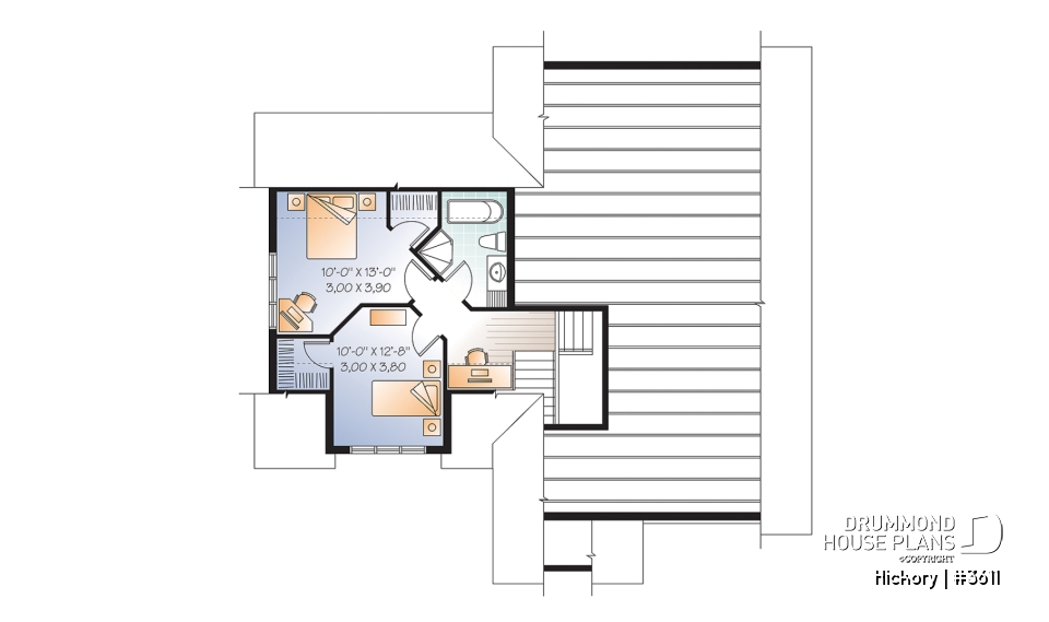 2nd level - 3 bedroom Craftsman house plan, master on main floor, two-car garage, 9 ft. ceiling, pantry - Hickory