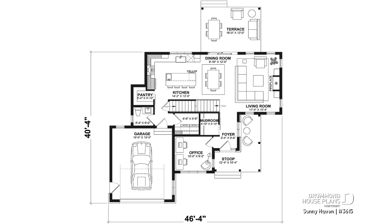 1st level - Modern Farmhouse home plan, 3 bedrooms, home office, 2.5 baths, garage, large covered terrace - Sunny Haven