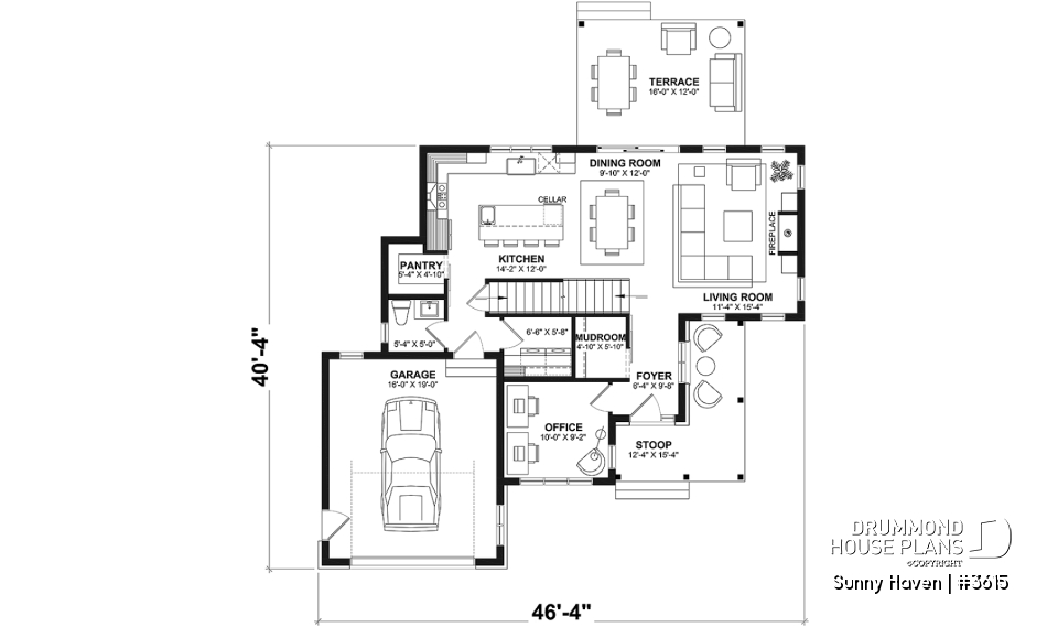 1st level - Modern Farmhouse home plan, 3 bedrooms, home office, 2.5 baths, garage, large covered terrace - Sunny Haven