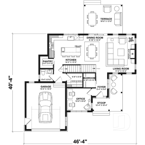 1st level - Modern Farmhouse home plan, 3 bedrooms, home office, 2.5 baths, garage, large covered terrace - Sunny Haven