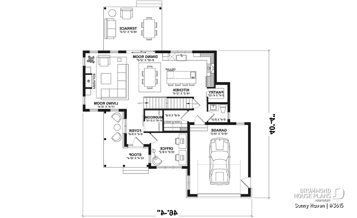 1st level - Modern Farmhouse home plan, 3 bedrooms, home office, 2.5 baths, garage, large covered terrace - Sunny Haven