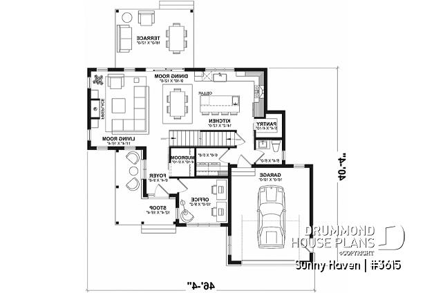 1st level - Modern Craftsman house plan, 3 bedrooms, home office, 2.5 baths, garage, large covered terrace - Sunny Haven