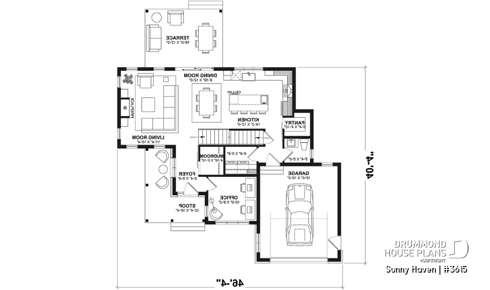 1st level - Modern Farmhouse home plan, 3 bedrooms, home office, 2.5 baths, garage, large covered terrace - Sunny Haven