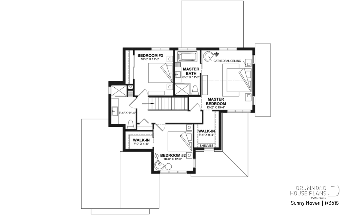 2nd level - Modern Farmhouse home plan, 3 bedrooms, home office, 2.5 baths, garage, large covered terrace - Sunny Haven