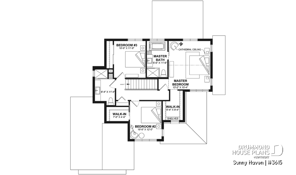 2nd level - Modern Farmhouse home plan, 3 bedrooms, home office, 2.5 baths, garage, large covered terrace - Sunny Haven