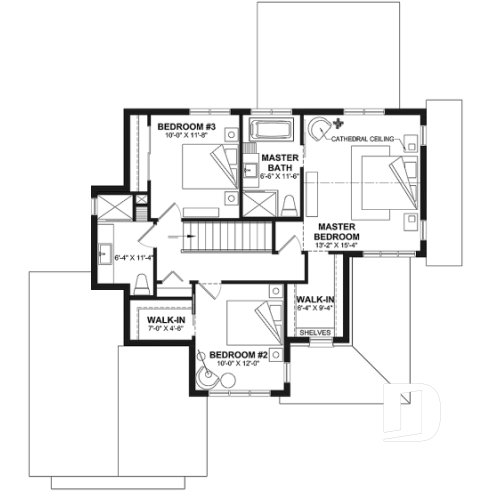 2nd level - Modern Farmhouse home plan, 3 bedrooms, home office, 2.5 baths, garage, large covered terrace - Sunny Haven