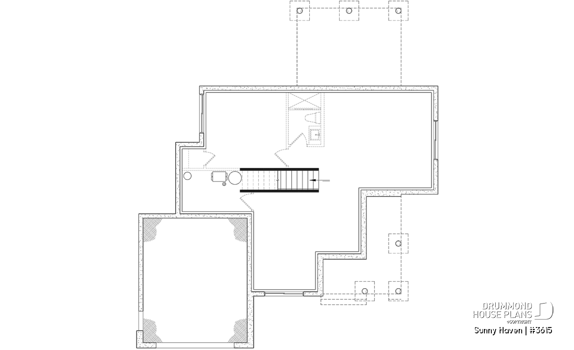 Unfinished basement - Modern Farmhouse home plan, 3 bedrooms, home office, 2.5 baths, garage, large covered terrace - Sunny Haven
