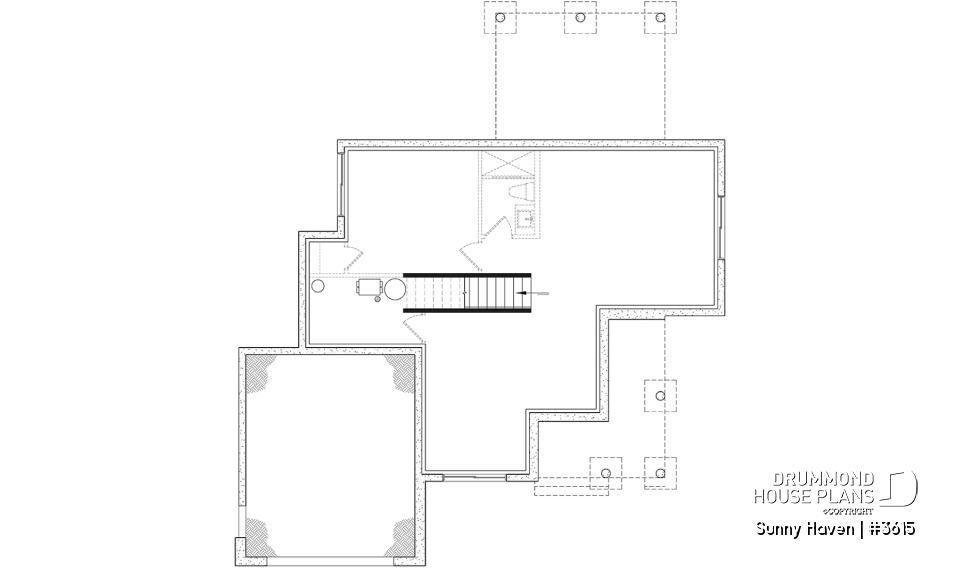 Unfinished basement - Modern Farmhouse home plan, 3 bedrooms, home office, 2.5 baths, garage, large covered terrace - Sunny Haven