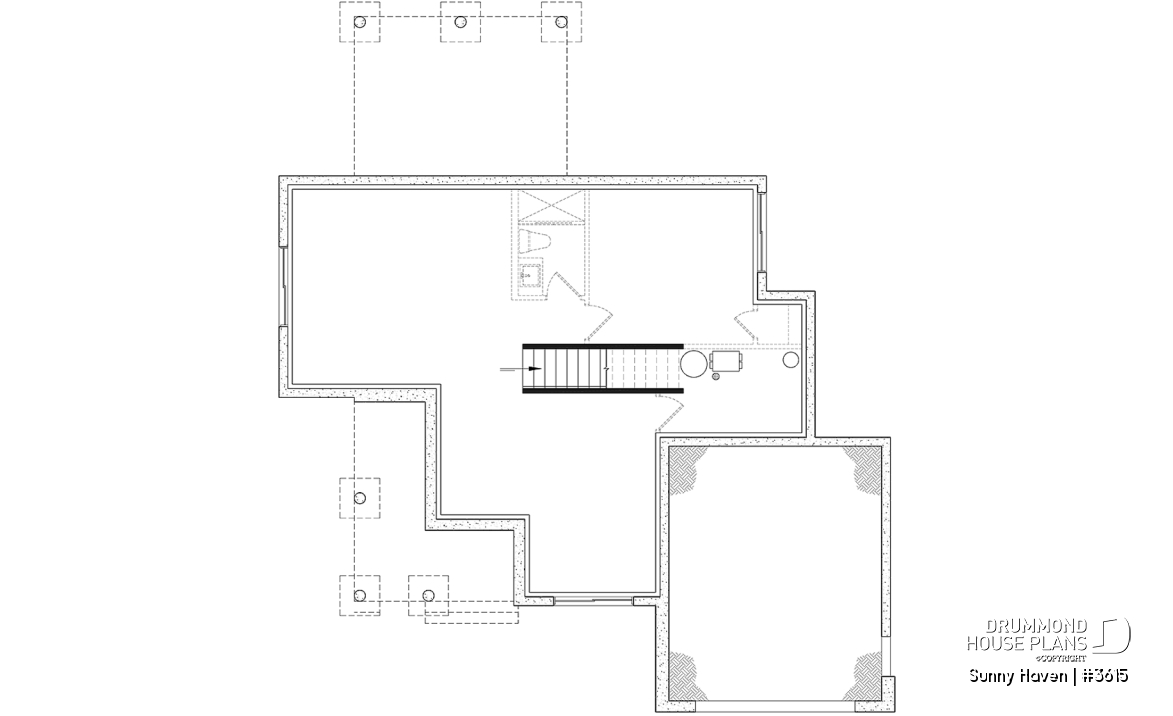 Unfinished basement - Modern Farmhouse home plan, 3 bedrooms, home office, 2.5 baths, garage, large covered terrace - Sunny Haven