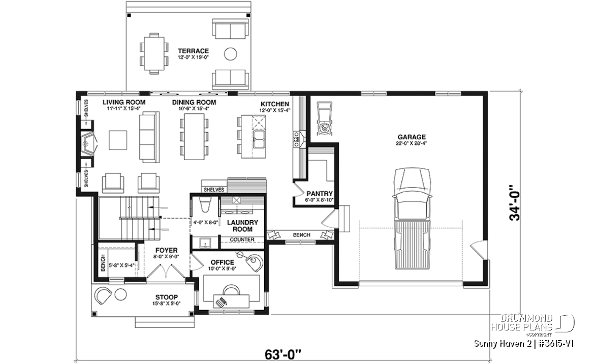1st level - Modern Farmhouse plan, 3 bedrooms, 2.5 baths, 2-car garage, home office, mudroom, pantry - Sunny Haven 2