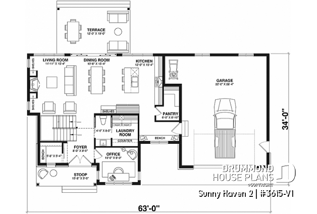 1st level - Modern Farmhouse plan, 3 bedrooms, 2.5 baths, 2-car garage, home office, mudroom, pantry - Sunny Haven 2