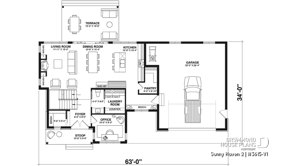 1st level - Modern Farmhouse plan, 3 bedrooms, 2.5 baths, 2-car garage, home office, mudroom, pantry - Sunny Haven 2