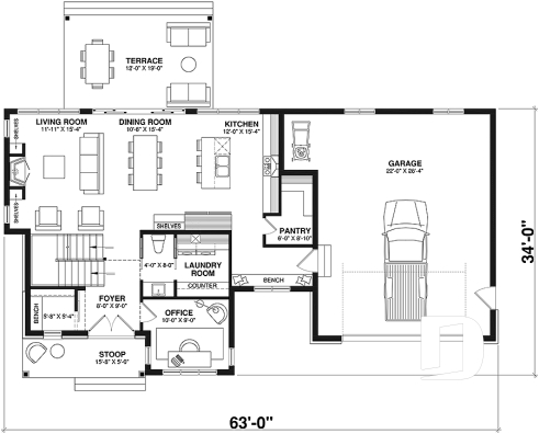 1st level - Modern Farmhouse plan, 3 bedrooms, 2.5 baths, 2-car garage, home office, mudroom, pantry - Sunny Haven 2