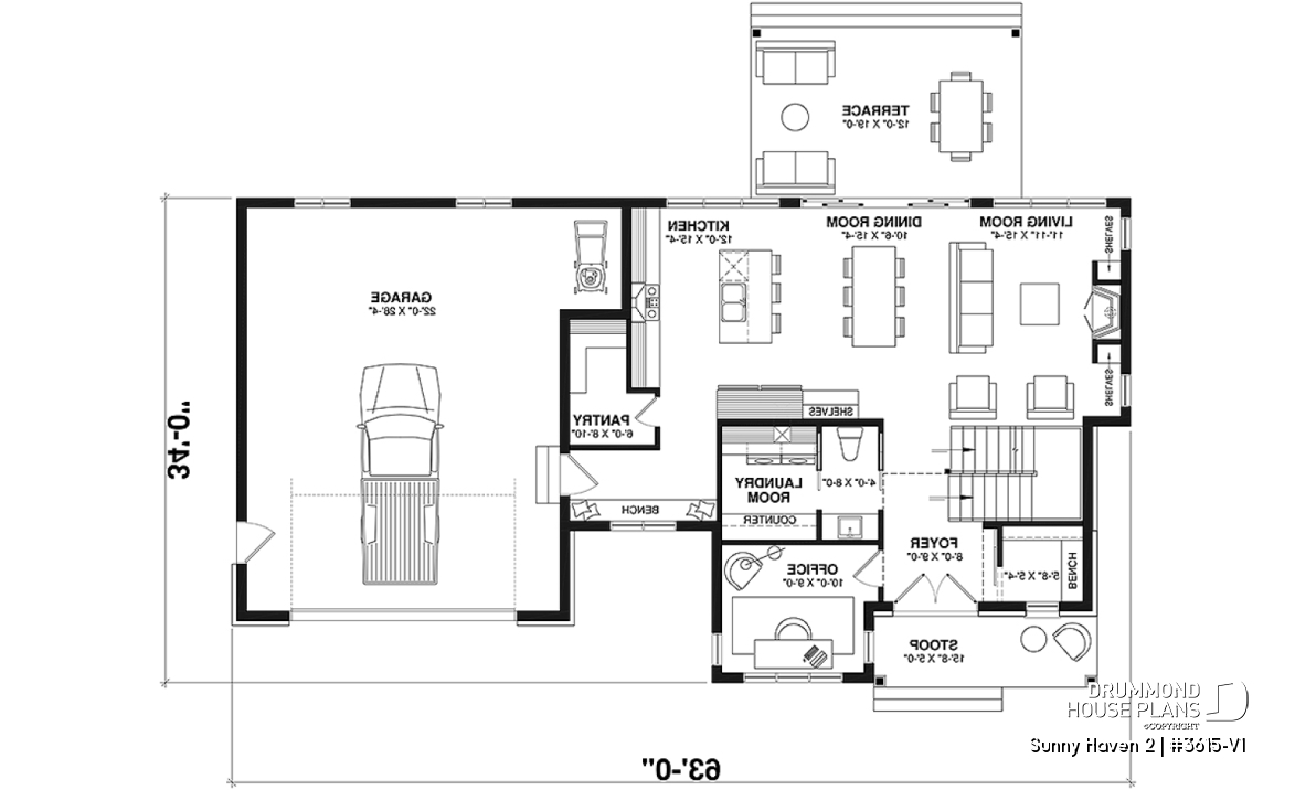 1st level - Modern Farmhouse plan, 3 bedrooms, 2.5 baths, 2-car garage, home office, mudroom, pantry - Sunny Haven 2