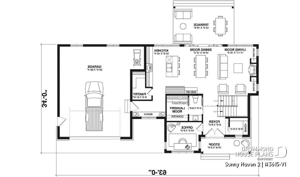 1st level - Modern Farmhouse plan, 3 bedrooms, 2.5 baths, 2-car garage, home office, mudroom, pantry - Sunny Haven 2