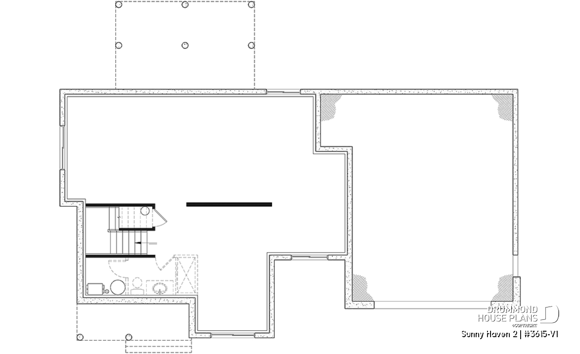 Unfinished basement - Modern Farmhouse plan, 3 bedrooms, 2.5 baths, 2-car garage, home office, mudroom, pantry - Sunny Haven 2
