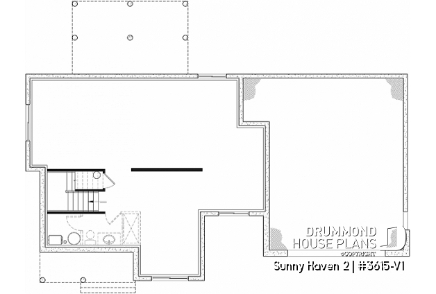 Unfinished basement - Modern Farmhouse plan, 3 bedrooms, 2.5 baths, 2-car garage, home office, mudroom, pantry - Sunny Haven 2