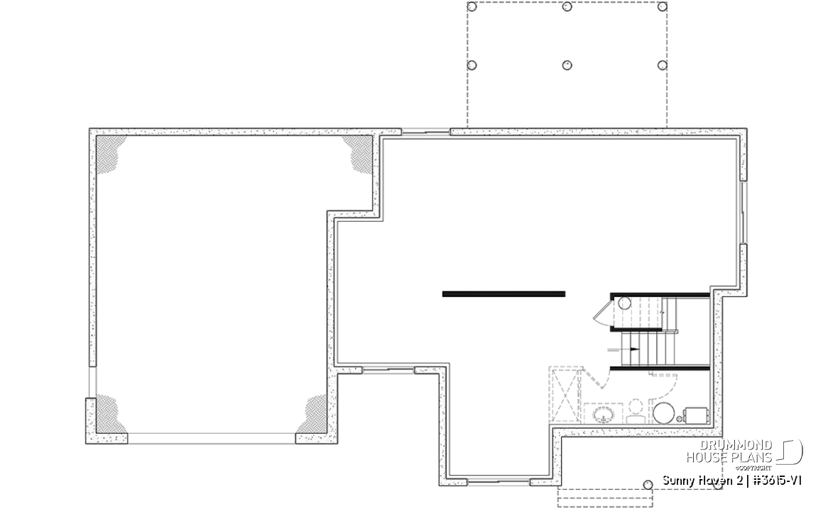 Unfinished basement - Modern Farmhouse plan, 3 bedrooms, 2.5 baths, 2-car garage, home office, mudroom, pantry - Sunny Haven 2