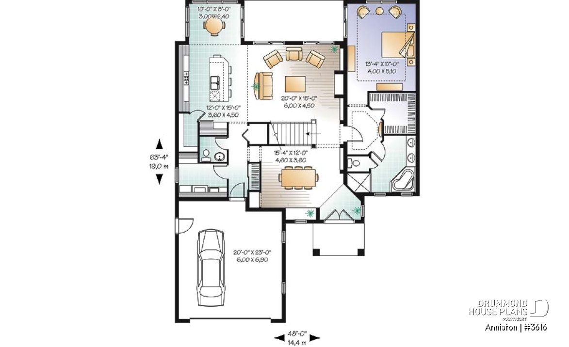1st level - 4 bedroom Mediterranean style home plan, 3.5 baths, 2-car garage, mezzanine, pantry and kitchen island - Anniston