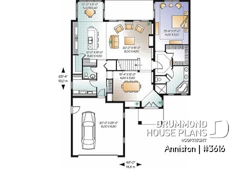 1st level - 4 bedroom Mediterranean style home plan, 3.5 baths, 2-car garage, mezzanine, pantry and kitchen island - Anniston