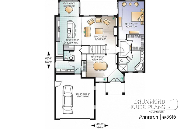 1st level - 4 bedroom Mediterranean style home plan, 3.5 baths, 2-car garage, mezzanine, pantry and kitchen island - Anniston