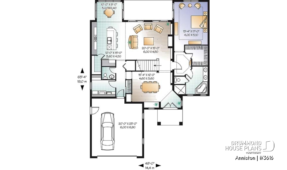 1st level - 4 bedroom Mediterranean style home plan, 3.5 baths, 2-car garage, mezzanine, pantry and kitchen island - Anniston