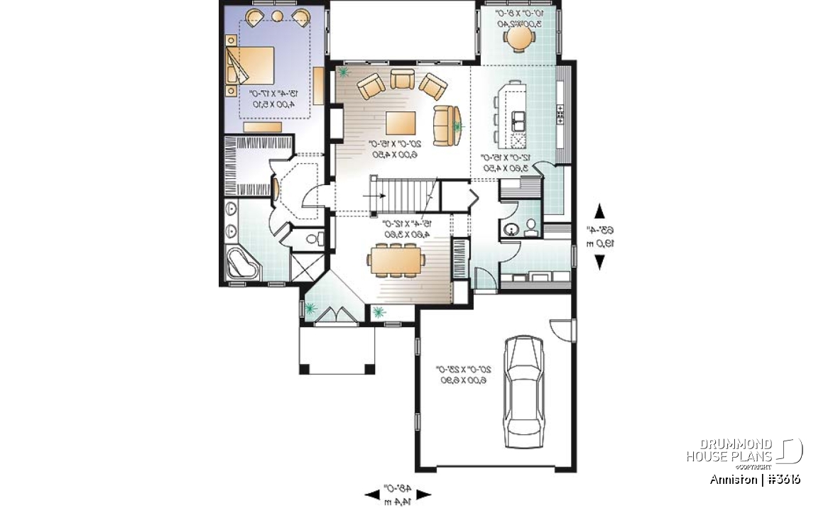 1st level - 4 bedroom Mediterranean style home plan, 3.5 baths, 2-car garage, mezzanine, pantry and kitchen island - Anniston