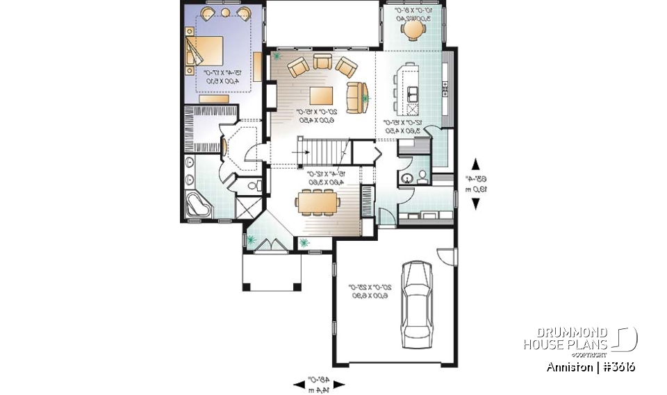 1st level - 4 bedroom Mediterranean style home plan, 3.5 baths, 2-car garage, mezzanine, pantry and kitchen island - Anniston
