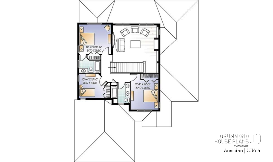2nd level - 4 bedroom Mediterranean style home plan, 3.5 baths, 2-car garage, mezzanine, pantry and kitchen island - Anniston