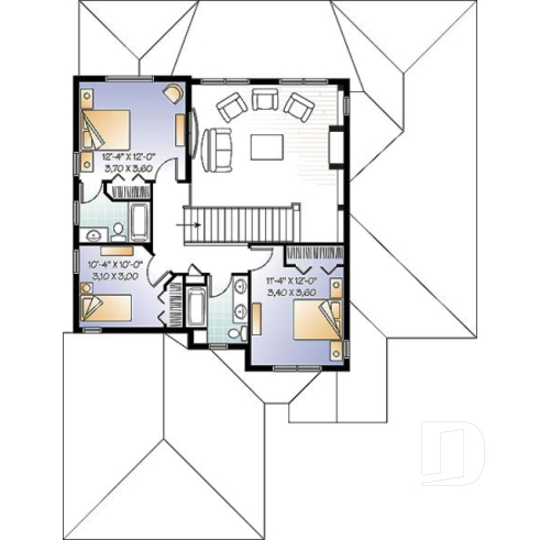 2nd level - 4 bedroom Mediterranean style home plan, 3.5 baths, 2-car garage, mezzanine, pantry and kitchen island - Anniston