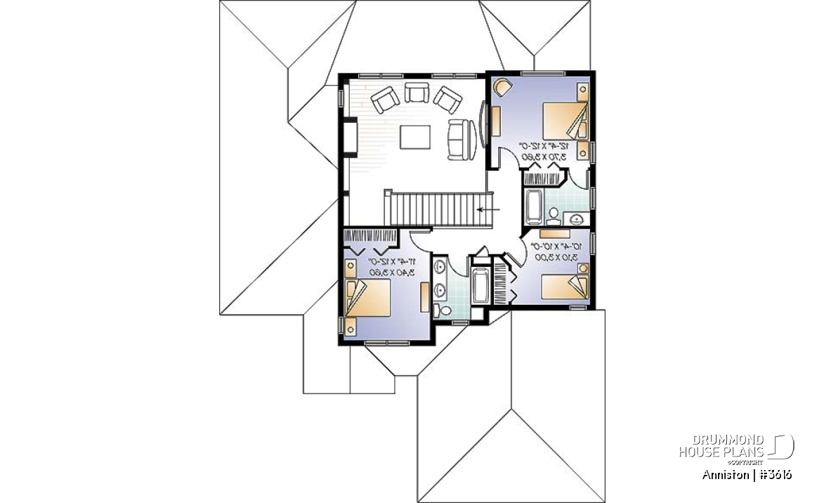 2nd level - 4 bedroom Mediterranean style home plan, 3.5 baths, 2-car garage, mezzanine, pantry and kitchen island - Anniston