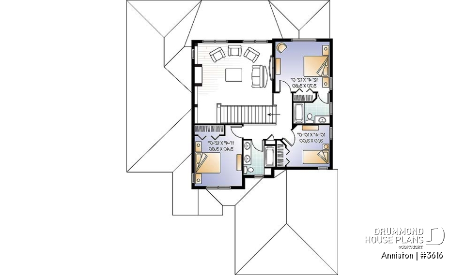 2nd level - 4 bedroom Mediterranean style home plan, 3.5 baths, 2-car garage, mezzanine, pantry and kitchen island - Anniston