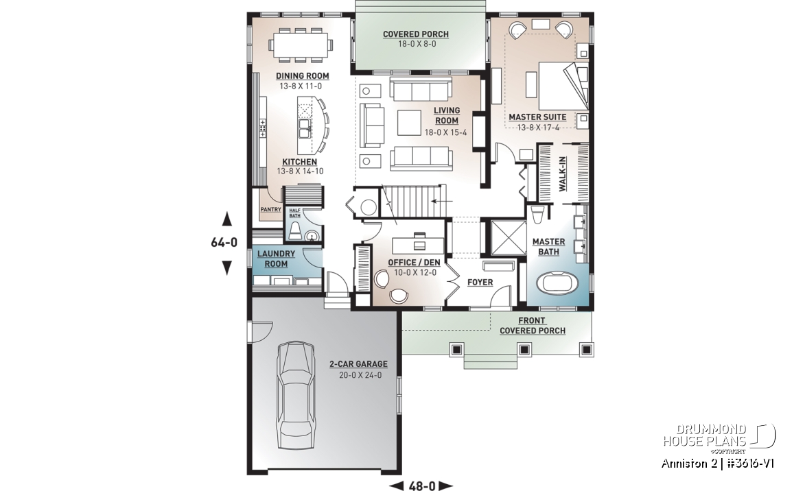 1st level - Cape cod style house plan, 4 bedrooms, home office for 2, open floor plan, pantry, 2-car garage - Anniston 2