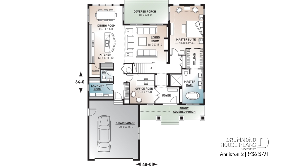 1st level - Cape cod style house plan, 4 bedrooms, home office for 2, open floor plan, pantry, 2-car garage - Anniston 2