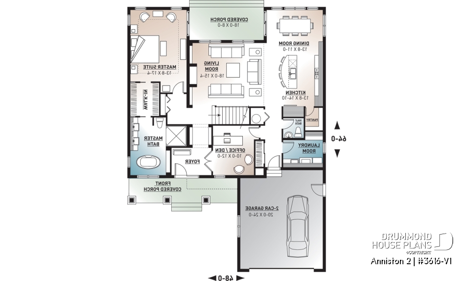 1st level - Cape cod style house plan, 4 bedrooms, home office for 2, open floor plan, pantry, 2-car garage - Anniston 2