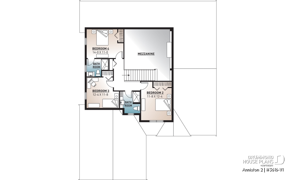 2nd level - Cape cod style house plan, 4 bedrooms, home office for 2, open floor plan, pantry, 2-car garage - Anniston 2