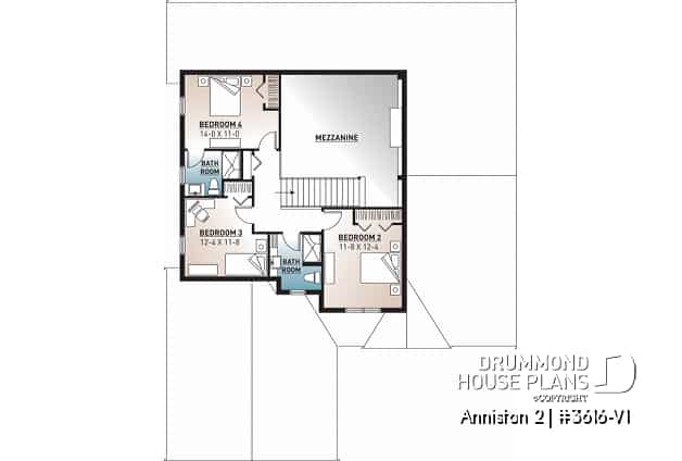 2nd level - Cape cod style house plan, 4 bedrooms, home office for 2, open floor plan, pantry, 2-car garage - Anniston 2