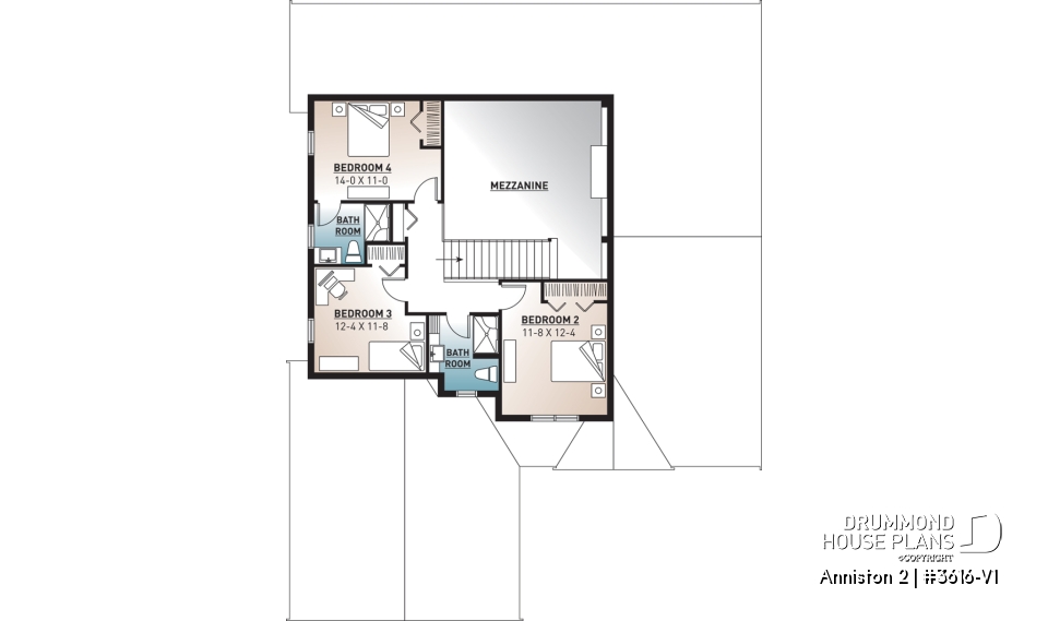 2nd level - Cape cod style house plan, 4 bedrooms, home office for 2, open floor plan, pantry, 2-car garage - Anniston 2
