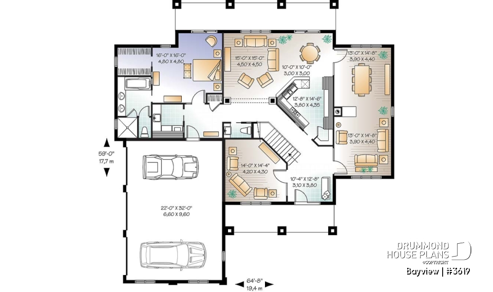 1st level - Mediterranean 6 bedroom luxury house plan, 2 master suites, formal living &amp; dining room, 3-car garage - Bayview