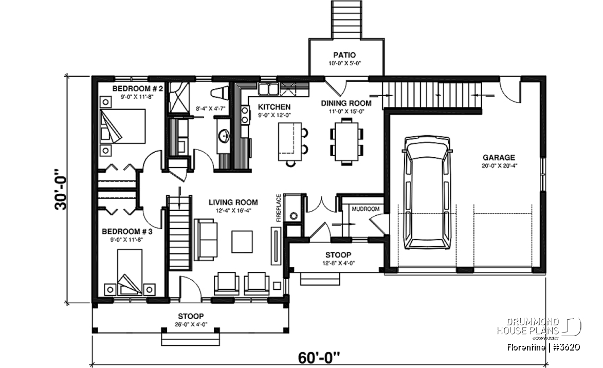 1st level - Modest 3 bedrooms 2 bathrooms ranch style house plan with 2-car garage, great master suite, open floor  - Florentine