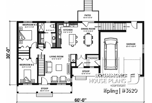 1st level - Modest 3 bedrooms 2 bathrooms ranch style house plan with 2-car garage, great master suite, open floor  - Kipling
