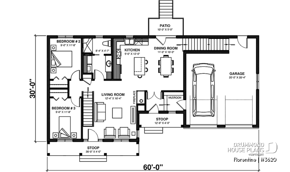 1st level - Modest 3 bedrooms 2 bathrooms ranch style house plan with 2-car garage, great master suite, open floor  - Florentine