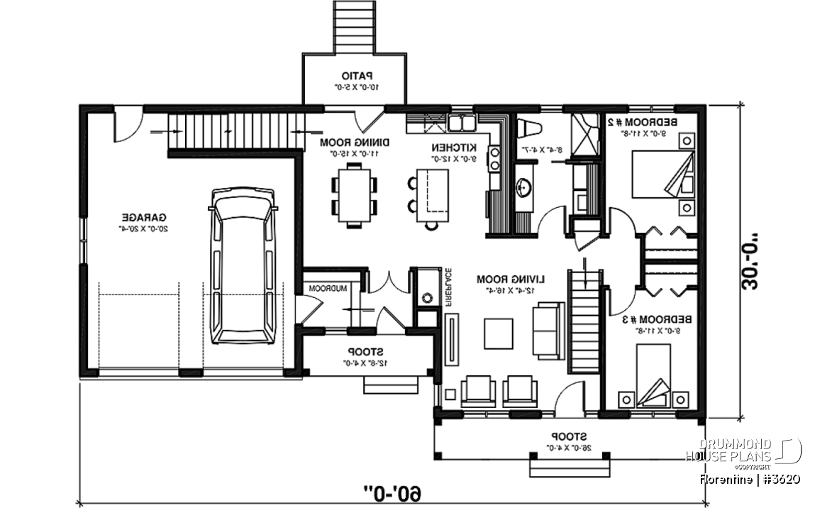 1st level - Modest 3 bedrooms 2 bathrooms ranch style house plan with 2-car garage, great master suite, open floor  - Florentine