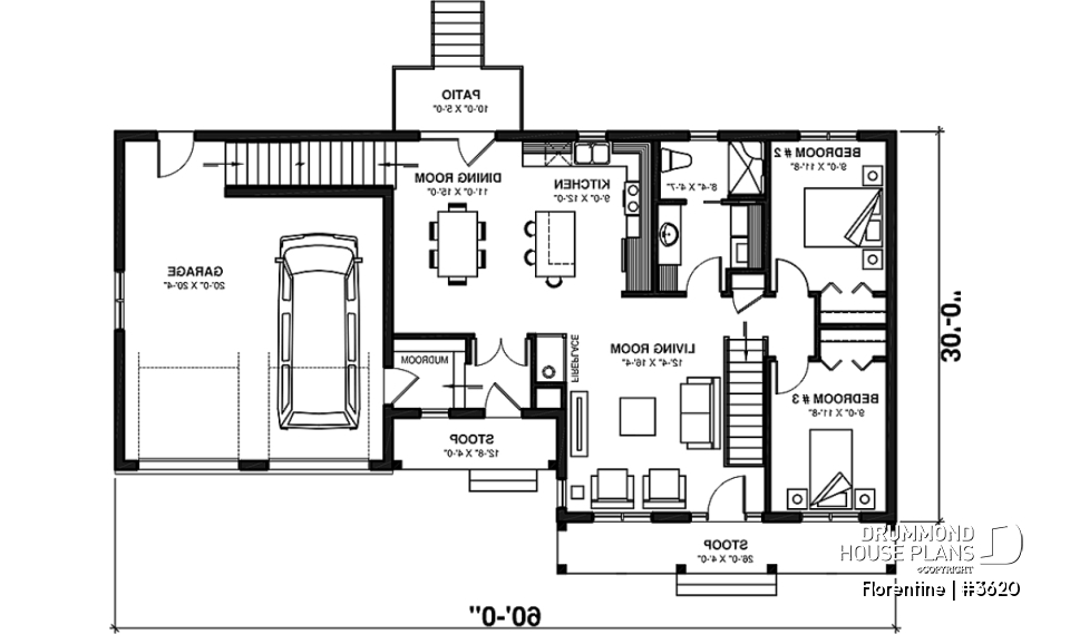1st level - Modest 3 bedrooms 2 bathrooms ranch style house plan with 2-car garage, great master suite, open floor  - Florentine